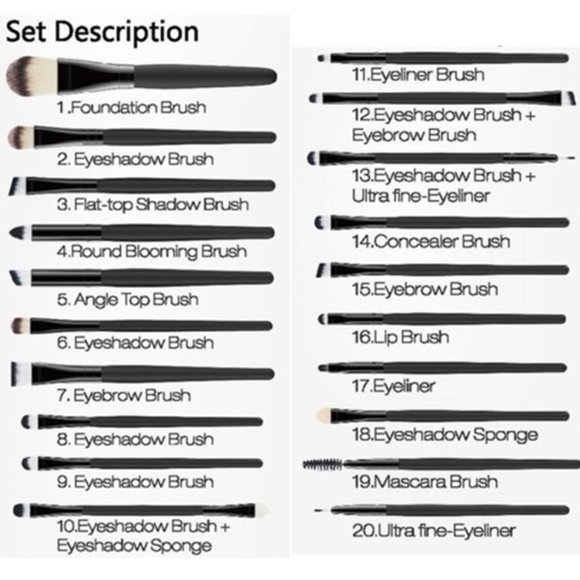 Makeup Brushes - Set of 20 - Black Handles - 6" long - with Leather Travel Case - Picture 6 of 11